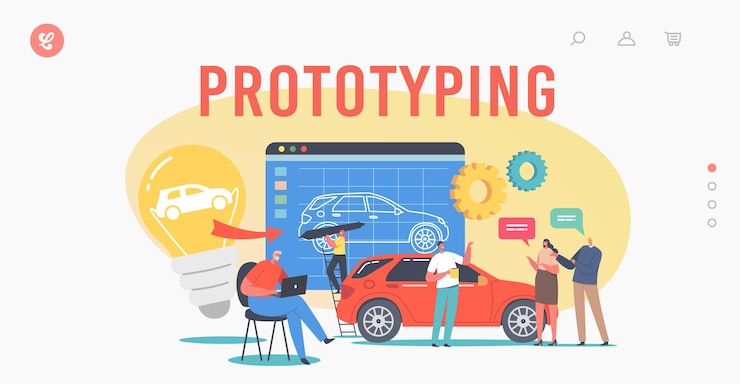 Vector plantilla de página de destino de creación de prototipos de automóviles. los personajes de diseño de ingenieros realizan proyectos de prototipos de automóviles, industria de proyección de maquinaria, clientes que compran automóviles nuevos. caricatura, gente, vector, ilustración
