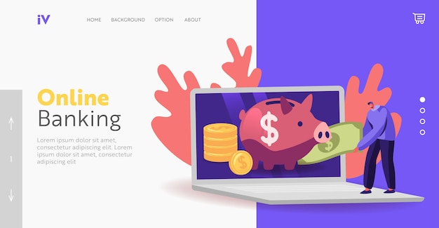 Plantilla de página de destino de cuenta de ahorros. Pequeño personaje masculino pone dinero en la alcancía en la enorme pantalla del portátil. Hombre recolecta dinero en depósito de banco abierto de caja de ahorro, economía presupuestaria. Ilustración vectorial de dibujos animados