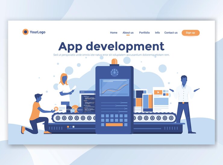 Vector plantilla de página de destino del desarrollo de aplicaciones. diseño plano moderno para sitio web.