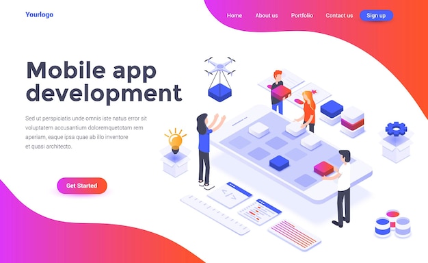 Plantilla de página de destino del desarrollo de aplicaciones móviles en estilo isometría