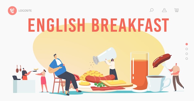 Plantilla de página de destino de desayuno completo en inglés. pequeños personajes en un plato enorme con tocino de comida, salchichas con huevos fritos, frijoles y tostadas con té o jugo. caricatura, gente, vector, ilustración