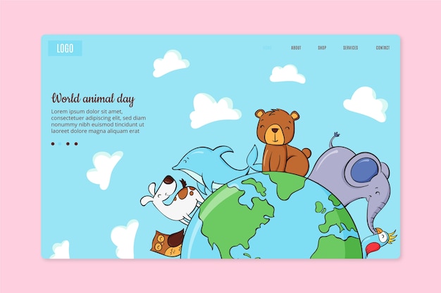 Vector plantilla de página de destino del día mundial de los animales dibujada a mano
