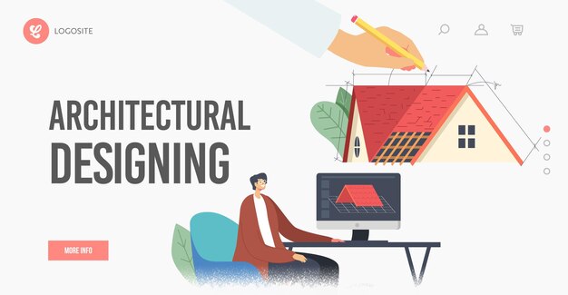 Plantilla de página de destino de diseño arquitectónico. Diseñador gráfico Crear modelo 3d de techo para cliente, ingeniero Personaje femenino que proyecta el diseño del techo de la casa de campo. Ilustración de Vector de gente de dibujos animados