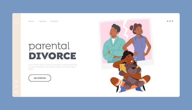 Vector plantilla de página de destino de divorcio de los padres niño molesto atrapado en medio de los padres disputa marital drama familiar