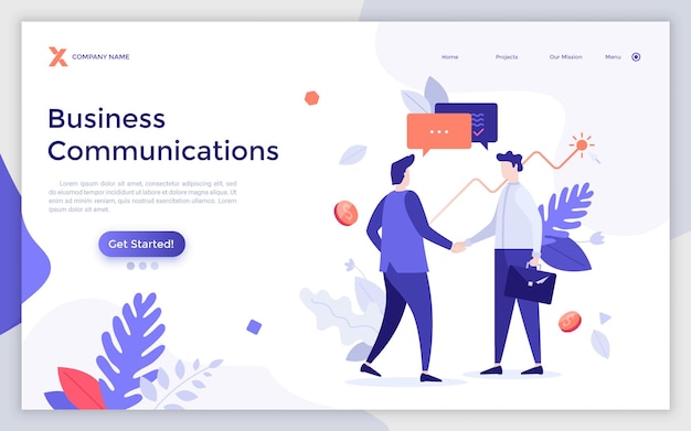 Plantilla de página de destino con dos empresarios dándose la mano y un gráfico ascendente Concepto de cooperación de asociación de comunicación empresarial trato rentable Ilustración de vector plano para sitio web