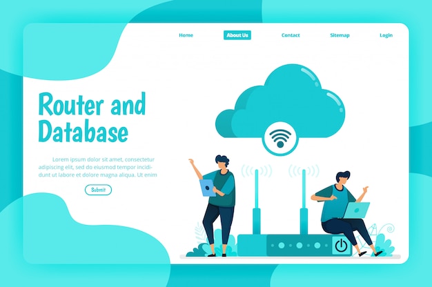 Plantilla de página de destino del enrutador y servicio de base de datos. Red wifi e infraestructura para conexión a internet y acceso seguro. Ilustración de página de destino, sitio web, aplicaciones móviles, póster, folleto
