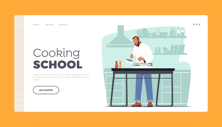 Vector plantilla de página de destino de la escuela de cocina personaje masculino cocinar mariscos hombre maduro verter salsa en big fish en la bandeja