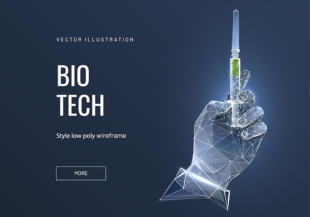 Plantilla de página de destino de estructura alámbrica de bio tech low poly. banner de web de ciencia biotecnológica. jeringa médica 3d en la ilustración poligonal de la mano humana. diseño de diseño de página de inicio de arte de malla de inyección