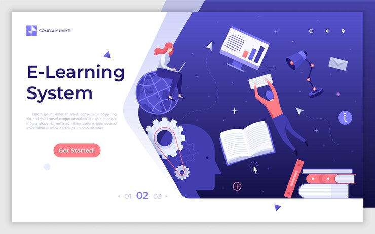 Vector plantilla de página de destino con estudiantes flotando en el espacio y estudiando a través del sistema de aprendizaje electrónico de internet cursos en línea de educación distante ilustración de vector plano moderno para banner web de sitio web