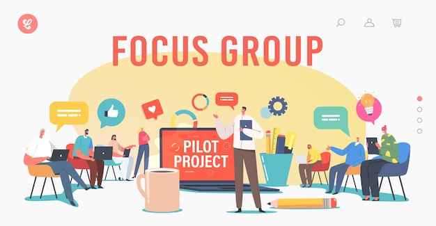 Plantilla de página de destino de grupo de enfoque. Reunión de Directores y Empleados. Pequeños empresarios alrededor de una enorme computadora portátil discuten un proyecto piloto de puesta en marcha, una lluvia de ideas y una conferencia. Ilustración de Vector de gente de dibujos animados