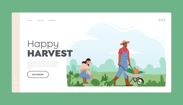 Plantilla de página de destino de Happy Harvest Trabajo estacional en la granja Los agricultores de hombres y mujeres recogen cultivos para carretillas en el huerto