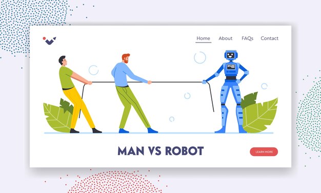 Plantilla de página de destino de hombre contra robot Personajes de negocios Lucha contra la inteligencia artificial Cyborg humano Tira y afloja