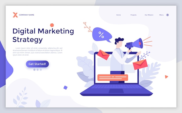 Plantilla de página de destino con hombre hablando con megáfono en la pantalla de la computadora portátil Concepto de estrategia de marketing digital campaña de publicidad en línea Ilustración de vector plano moderno para página web
