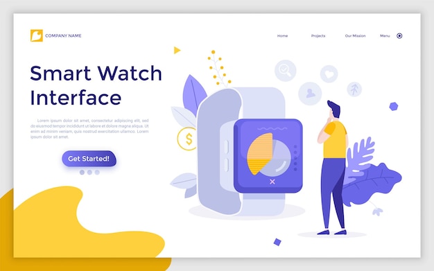 Plantilla de página de destino con un hombre mirando un reloj inteligente con indicadores digitales en la pantalla Concepto de dispositivo electrónico accesorio de dispositivo de alta tecnología portátil Ilustración de vector plano moderno para sitio web