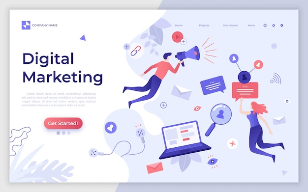 Plantilla de página de destino con hombre y mujer sosteniendo megáfono Marketing digital Promoción de contenido de sitio web SMM en Internet y redes sociales Ilustración de vector plano creativo para publicidad de servicio