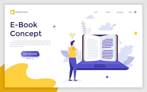 Plantilla de página de destino con un hombre parado frente a una computadora portátil y leyendo un libro digital en la pantalla Concepto de aplicación de lector electrónico de libros electrónicos Ilustración de vector plano moderno para sitio web