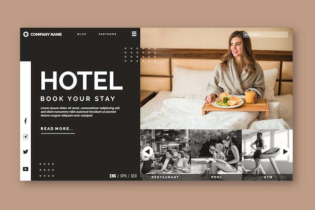 Vector plantilla de página de destino de hotel con foto