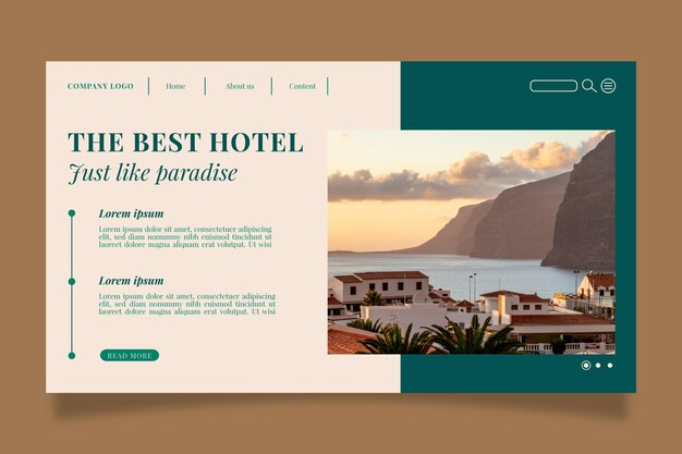 Vector plantilla de página de destino de hotel moderno con foto