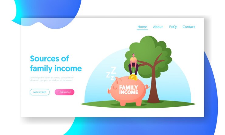 Vector plantilla de página de destino de ingreso familiar básico universal, salario y riqueza. el personaje masculino se sienta en el árbol y pone una moneda enorme en la alcancía. el hombre recolecta dinero, efectivo, ganancias financieras. ilustración vectorial de dibujos animados