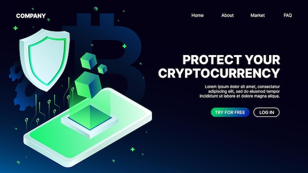 Plantilla de página de destino isométrica de banner web horizontal de protección de criptomonedas