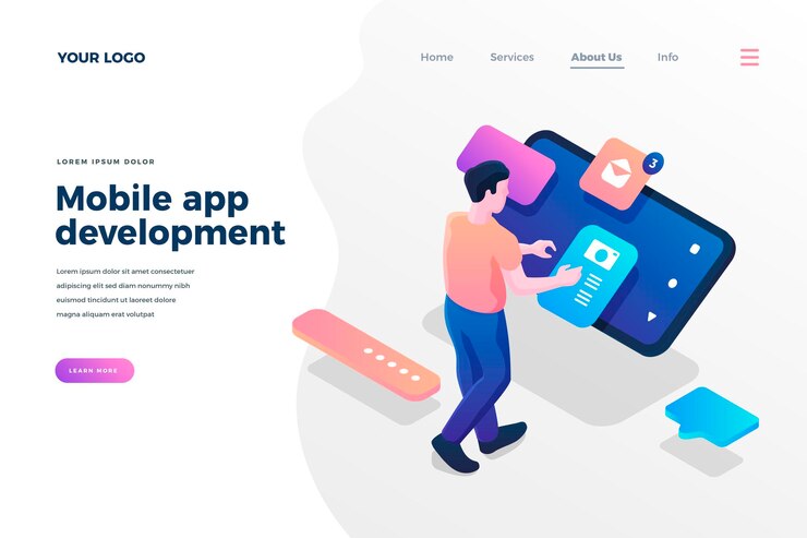 Vector plantilla de página de destino isométrica de desarrollo de aplicaciones móviles ingeniero programador masculino que crea una aplicación para teléfonos inteligentes