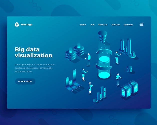 Plantilla de página de destino isométrica de visualización de big data software de gestión de información del ciberespacio