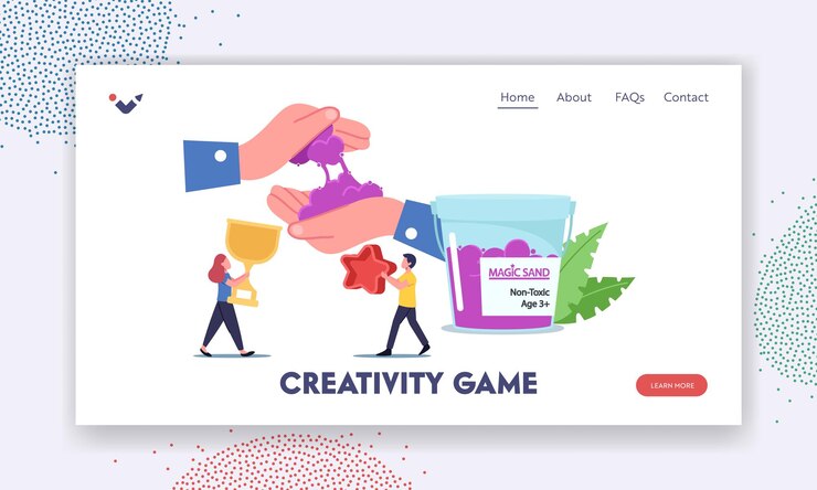 Vector plantilla de página de destino del juego cretivity. personajes de niños pequeños con formas para jugar con arena mágica cinética divirtiéndose, desarrollo de habilidades motoras finas, diversión. ilustración de vector de gente de dibujos animados