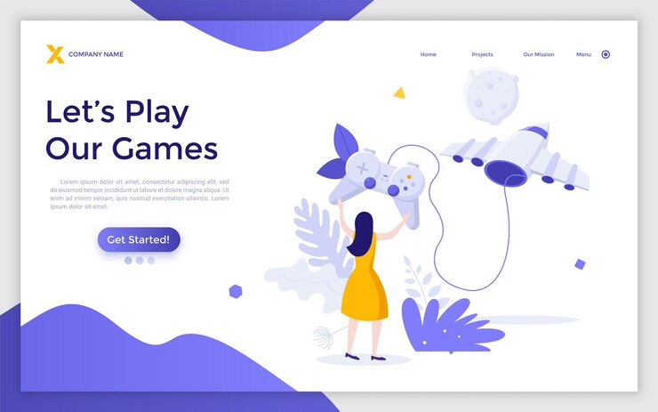 Vector plantilla de página de destino con jugador usando gamepad para controlar nave espacial voladora o nave espacial concepto de jugar videojuegos en línea simulador de vuelo espacial ilustración de vector plano moderno para sitio web