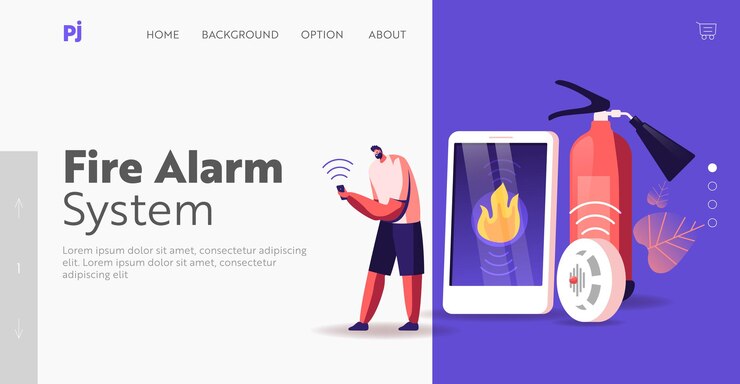 Vector plantilla de página de destino de llamada a servicio de emergencia. personaje masculino recibe notificación del sistema de control inteligente en el teléfono inteligente del dispositivo electrónico sobre el accidente de incendio en el hogar. ilustración vectorial de dibujos animados