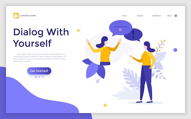 Plantilla de página de destino con una mujer chateando consigo mismo o con su gemelo Concepto de diálogo con usted mismo voz interna o discurso discurso interno discurso interno Ilustración de vector plano moderno para página web