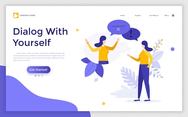 Plantilla de página de destino con una mujer chateando consigo mismo o con su gemelo concepto de diálogo con usted mismo voz interna o discurso discurso interno discurso interno ilustración de vector plano moderno para página web