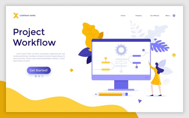 Plantilla de página de destino con una mujer mirando el diagrama de flujo o el diagrama de árbol en la pantalla de la computadora Concepto de planificación de proyectos de inicio gestión de flujo de trabajo empresarial Ilustración de vector plano moderno para sitio web