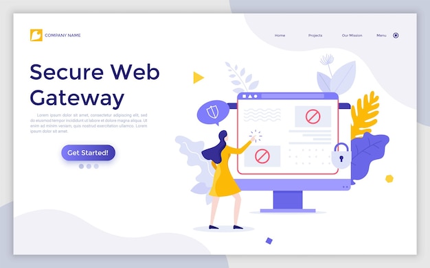 Plantilla de página de destino con una mujer mirando el sitio web bloqueado concepto de protección de seguridad informática de puerta de enlace web contra el programa de cortafuegos de información dañina ilustración de vector plano moderno para página web