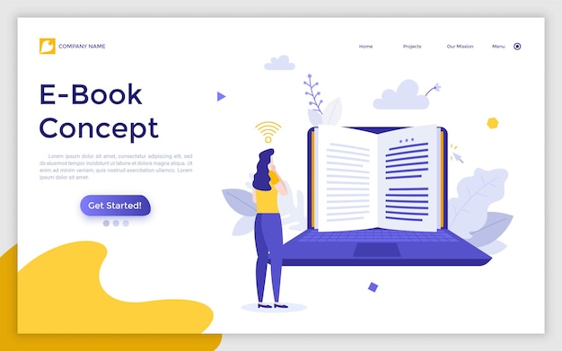 Plantilla de página de destino con una mujer parada frente a una computadora portátil y leyendo un libro digital en la pantalla Concepto de aplicación de lector electrónico de libros electrónicos Ilustración de vector plano moderno para sitio web