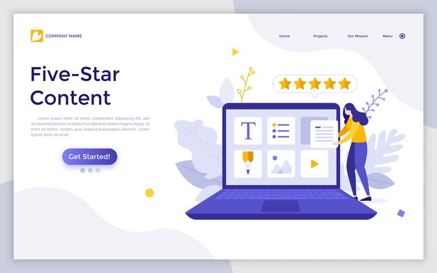 Plantilla de página de destino con una mujer que usa una computadora portátil con iconos de aplicaciones de escritorio en la pantalla cinco estrellas doradas Concepto de contenido de alta calidad revisión positiva calificación en línea Ilustración de vector plano