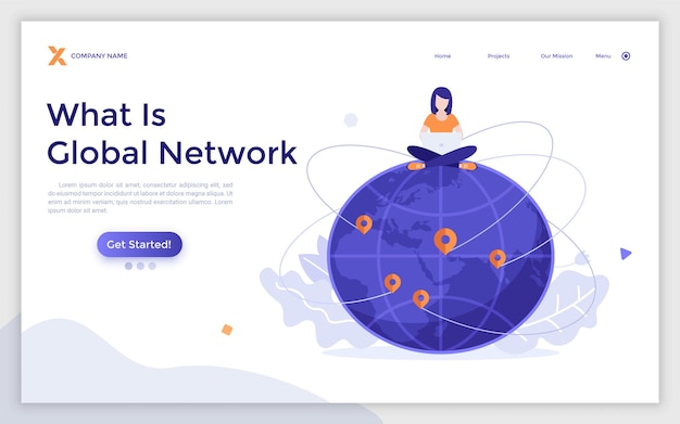 Plantilla de página de destino con una mujer sentada en un globo y trabajando en una computadora portátil Concepto de red global comunicación internacional world wide web Ilustración de vector plano moderno para página web