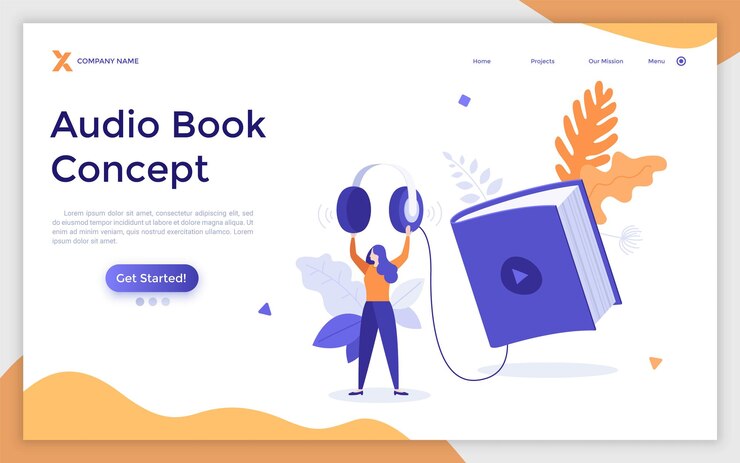 Vector plantilla de página de destino con una mujer sosteniendo auriculares conectados al libro con el botón de reproducción concepto de aplicación para escuchar audiolibros digitales y podcasts literatura de audio ilustración de vector plano