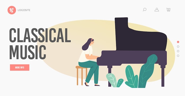 Plantilla de página de destino de música clásica. Artista pianista personaje femenino tocando composición musical en piano de cola para orquesta sinfónica o actuación de ópera en el escenario. Ilustración vectorial de dibujos animados