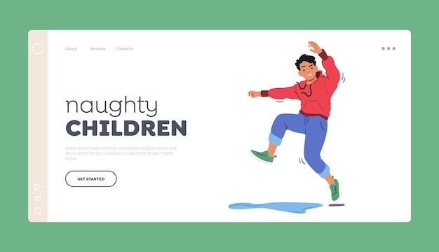 Plantilla de página de destino de niños traviesos Personaje de niño que disfruta de momentos juguetones y traviesos riendo