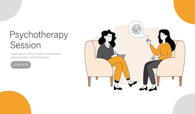 Plantilla de página de destino o banner La mujer está hablando con un psicólogo Ilustración vectorial