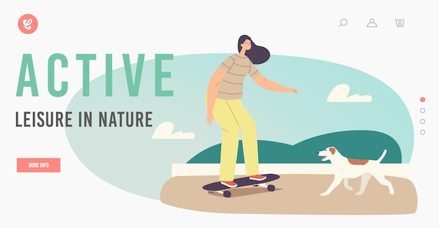 Plantilla de página de destino de ocio activo en la naturaleza. niña montando patineta en el parque de la ciudad. actividad al aire libre de personaje femenino de skater, recreación deportiva con perro. ilustración vectorial de dibujos animados