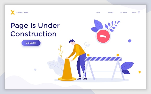 Plantilla de página de destino con persona con cono de tráfico barrera de seguridad vial Concepto de sitio web en construcción error 404 mantenimiento de página web de acceso restringido Ilustración de vector plano moderno