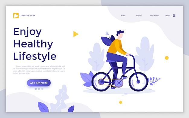 Plantilla de página de destino con persona montando en bicicleta Concepto de disfrutar de un estilo de vida saludable entrenamiento deportivo al aire libre ejercicio cardiovascular actividad de ocio Ilustración vectorial plana para el sitio web de la página web