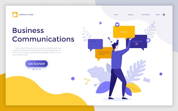 Plantilla de página de destino con persona que organiza burbujas de discurso Concepto de comunicación empresarial y mensajería en línea para atención al cliente Ilustración de vector colorido plano moderno para página web de sitio web