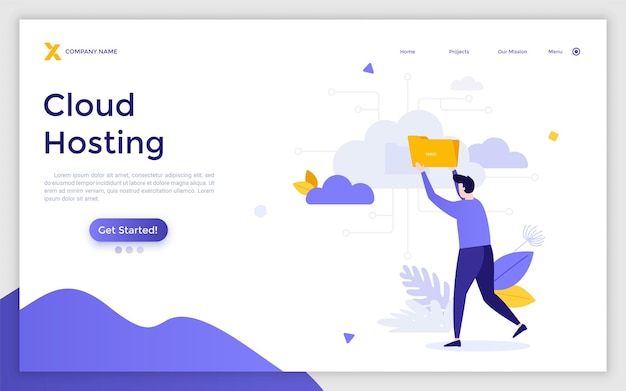 Plantilla de página de destino con persona que pone la carpeta en la nube Concepto de servicio en línea de alojamiento de Internet para la gestión de archivos y almacenamiento de información digital Ilustración de vector plano moderno para sitio web