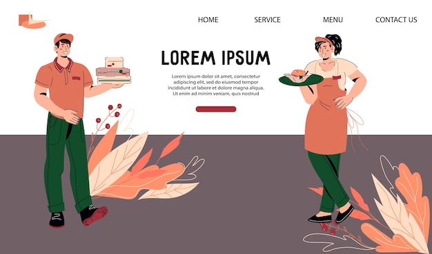 Plantilla de página de destino con personajes de camareros Ilustración de vector de diseño de banner de sitio web de restaurante y comida para llevar