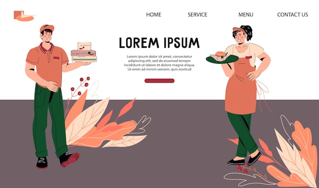 Plantilla de página de destino con personajes de camareros ilustración de vector de diseño de banner de sitio web de restaurante y comida para llevar