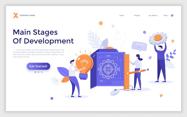 Plantilla de página de destino con personas que sostienen una bombilla de plano y trabajan en un proyecto innovador Concepto de las etapas principales del desarrollo de ingeniería Ilustración de vector plano moderno para sitio web