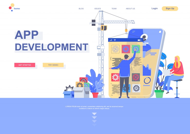 Vector plantilla de página de destino plana de desarrollo de aplicaciones. desarrollo front-end y back-end, desarrollador crea situación de aplicación móvil. página web con personajes de personas. ilustración de ingeniería de software