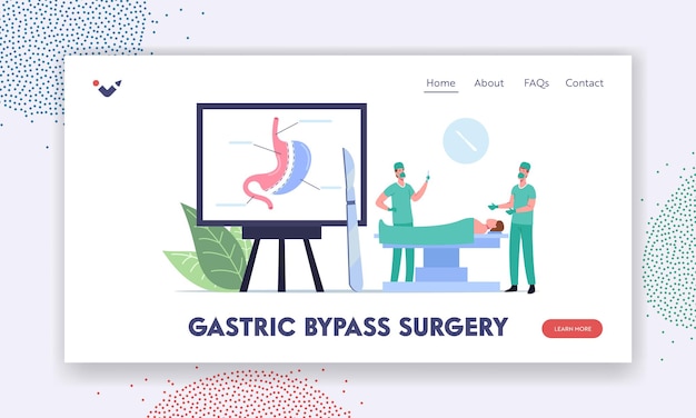 Plantilla de página de destino del procedimiento de cirugía de bypass gástrico. Los personajes del cirujano realizan la operación Cirugía bariátrica Reducción de estómago al paciente acostado en el quirófano. Ilustración de Vector de gente de dibujos animados